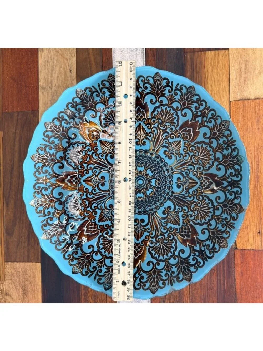 Turkish Glass Decorative Bowl Teal Blue Bronze Embossed Mandala Ornate-Gorgeous